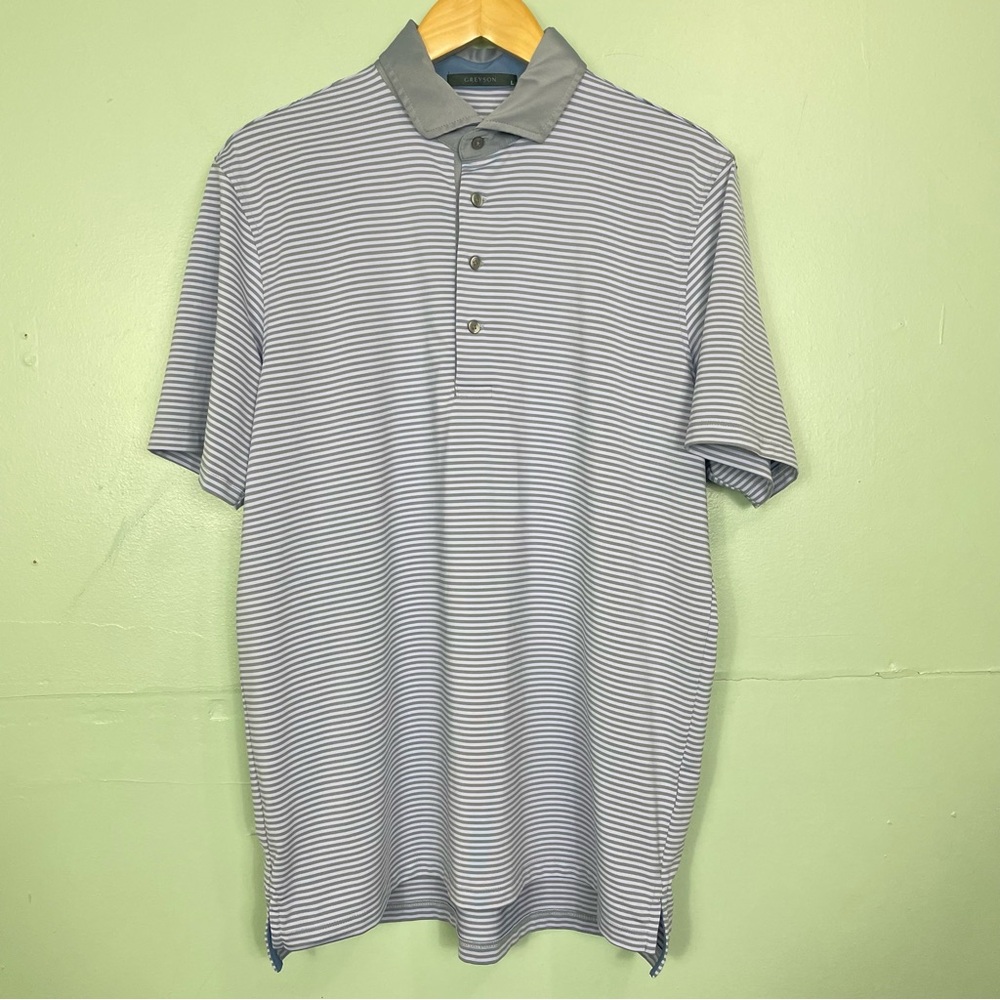 Greyson Golf Polo Mens‎ Size Large Stripped Blue Gray Short Sleeve